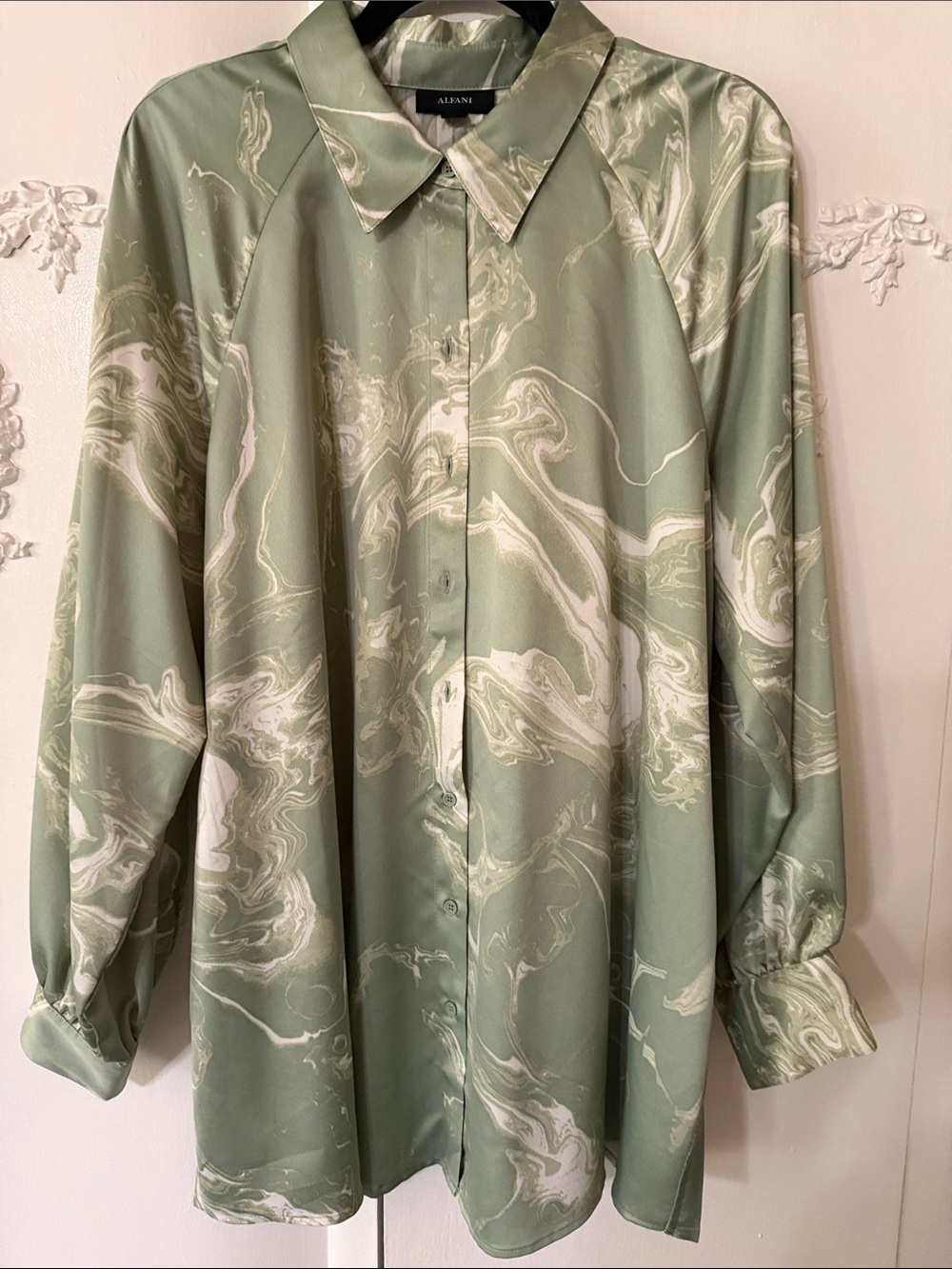 Alfani Sage Green and White Marble-Print Satin Button-Up Blouse